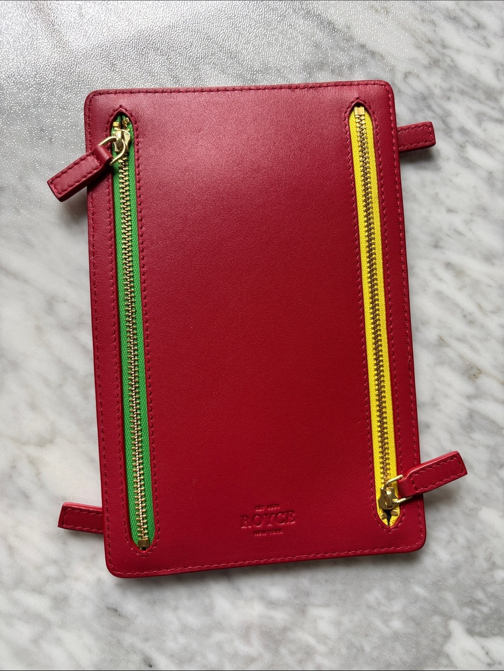 ROYCE New York Red Leather Travel Wallet with Green & Yellow Zippers